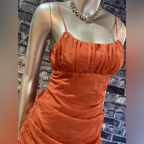 Rust Orange Burnout Velvet Ruched Mini Dress - Picture 3 of 11